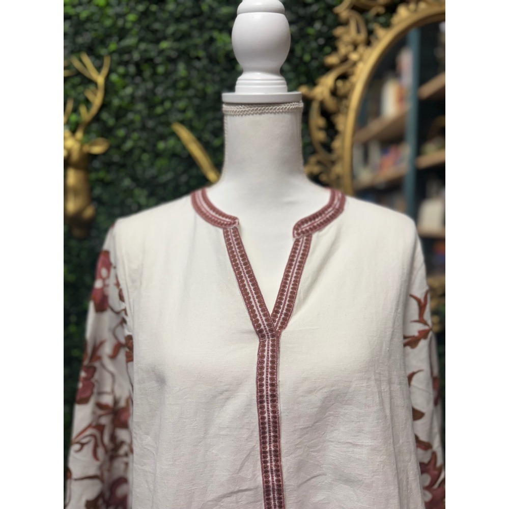 Calypso Floral Embroidered Cotton Flax Peasant Blouse White Boho Womens Largr - Picture 3 of 8